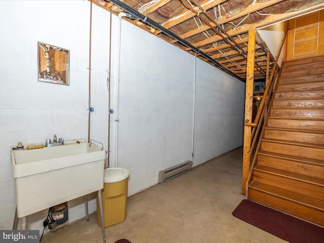 6505 Morningside Ct, Middletown, MD 21769 - unfinished basement featuring baseboard heating, stairway, and concrete block wall