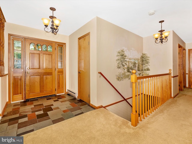 6505 Morningside Ct, Middletown, MD 21769 - foyer entrance featuring a chandelier, a baseboard radiator, and carpet