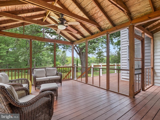1015 S Creek View Ct, Churchton, MD 20733 - sunroom / solarium featuring ceiling fan, vaulted ceiling, an outdoor living space, and view of scattered trees