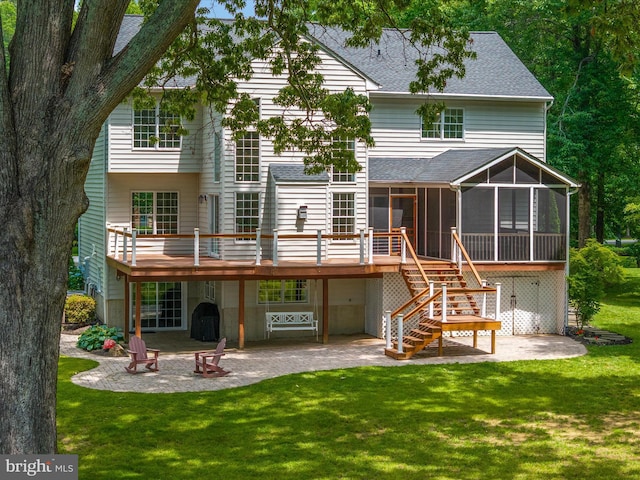1015 S Creek View Ct, Churchton, MD 20733 - rear view of property featuring a sunroom, a patio area, a lawn, a wooden deck, and a shingled roof