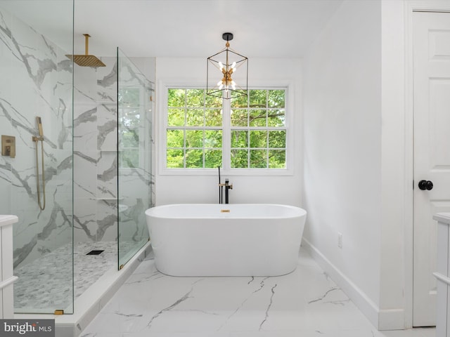1015 S Creek View Ct, Churchton, MD 20733 - bathroom featuring a marble finish shower, a freestanding tub, a chandelier, and marble tiled floors