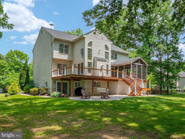 1015 S Creek View Ct, Churchton, MD 20733 - rear view of property with a sunroom, a patio, a deck, stairs, and a lawn