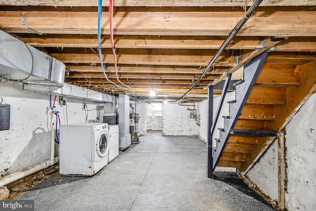 2750 N 28th St, Philadelphia, PA 19132 - unfinished basement with washing machine and clothes dryer, stairs, and gas water heater