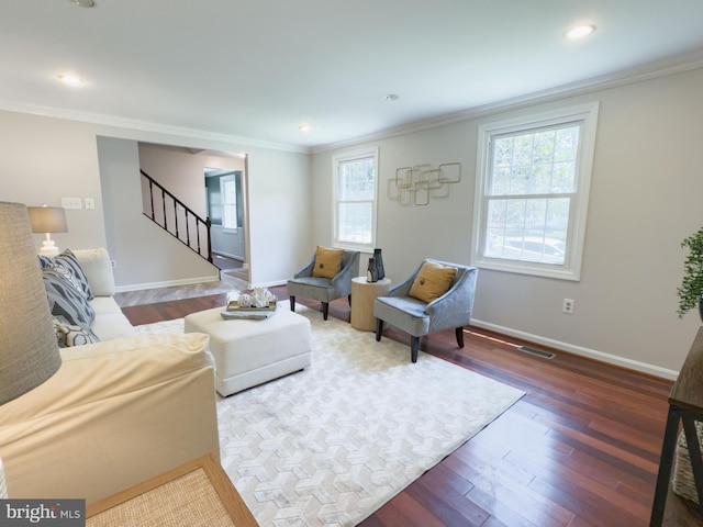 5646 Mount Burnside Way, Burke, VA 22015 - living room featuring wood finished floors, stairs, ornamental molding, and recessed lighting