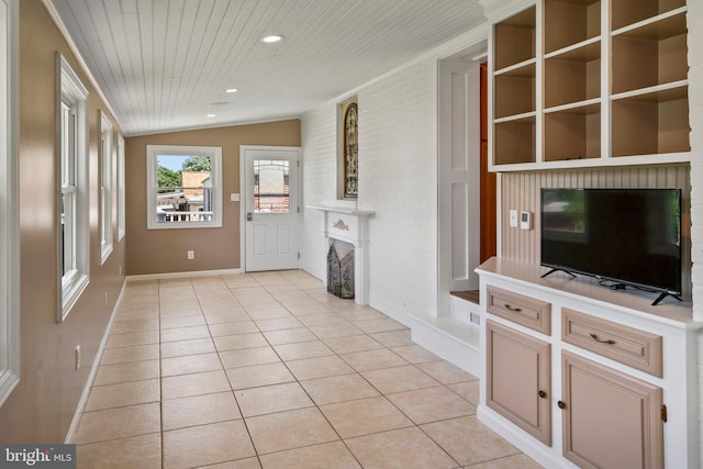 51 E Ann Rd, Broomall, PA 19008 - unfurnished living room featuring light tile patterned flooring, wooden ceiling, vaulted ceiling, and recessed lighting