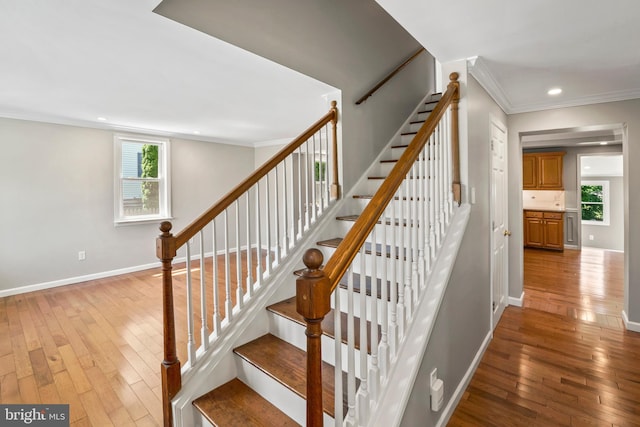 51 E Ann Rd, Broomall, PA 19008 - staircase featuring hardwood / wood-style flooring, ornamental molding, and recessed lighting