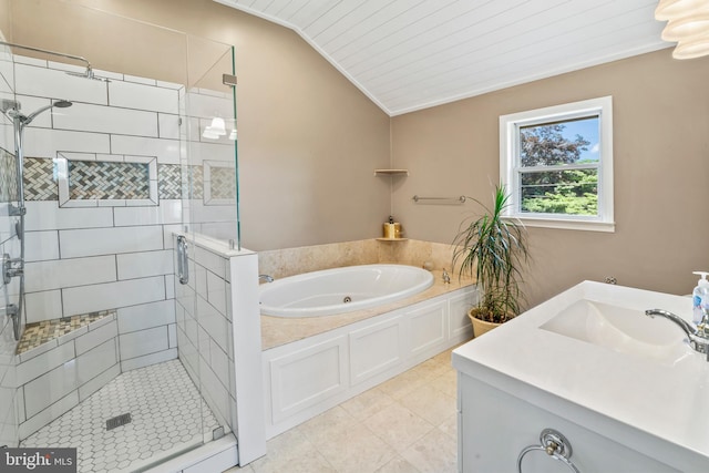 51 E Ann Rd, Broomall, PA 19008 - full bathroom featuring a whirlpool tub, lofted ceiling, a stall shower, vanity, and tile patterned floors