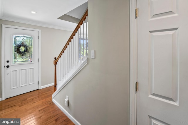 51 E Ann Rd, Broomall, PA 19008 - foyer entrance featuring ornamental molding, light wood-style floors, stairway, and recessed lighting