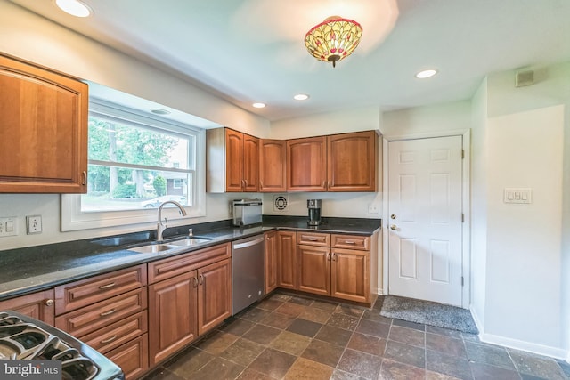 2303 Mulberry Ln, Lafayette Hill, PA 19444 - kitchen featuring dishwasher, brown cabinets, dark countertops, recessed lighting, and dark stone finish flooring