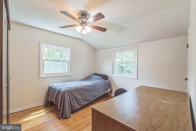 2303 Mulberry Ln, Lafayette Hill, PA 19444 - bedroom with multiple windows, vaulted ceiling, light wood-style floors, and ceiling fan