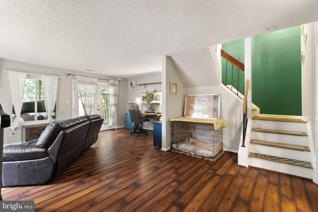 3086 Bridgeton Ct, Woodbridge, VA 22192 - living room with a textured ceiling, an office area, wood finished floors, and stairs