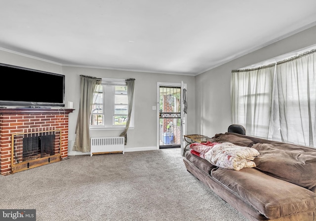 438 Holly Rd, Lansdowne, PA 19050 - living area with radiator heating unit, crown molding, carpet, and a brick fireplace
