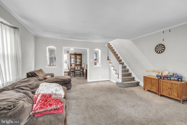 438 Holly Rd, Lansdowne, PA 19050 - living room featuring stairs, light colored carpet, and ornamental molding