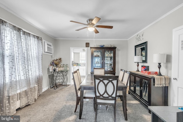 438 Holly Rd, Lansdowne, PA 19050 - dining space with carpet flooring, ceiling fan, ornamental molding, and a wall unit AC