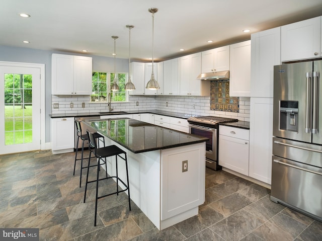 319 W Conestoga Rd, Devon, PA 19333 - kitchen with appliances with stainless steel finishes, under cabinet range hood, dark stone finish floors, a kitchen bar, and recessed lighting