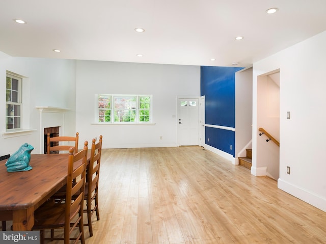 319 W Conestoga Rd, Devon, PA 19333 - dining space with light wood finished floors, recessed lighting, a fireplace, and stairs