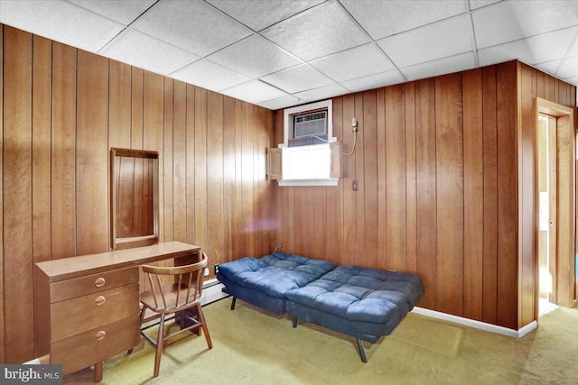 1243 Buttonwood St, Reading, PA 19604 - sitting room featuring wooden walls, carpet floors, an office area, a drop ceiling, and a baseboard heating unit