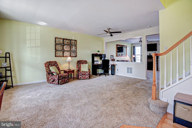 1814 S Pollock Way, Middletown, DE 19709 - living room with ceiling fan, an office area, stairs, and carpet flooring