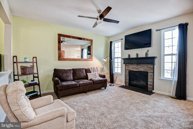 1814 S Pollock Way, Middletown, DE 19709 - living area featuring a ceiling fan, plenty of natural light, carpet flooring, and a fireplace
