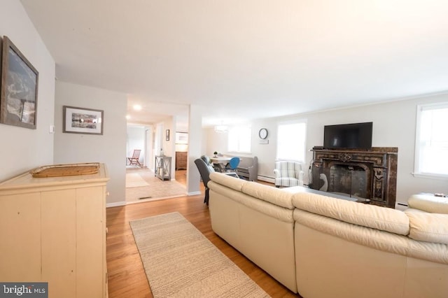 6 W 11th St, Barnegat Light, NJ 08006 - living area featuring a fireplace, a baseboard heating unit, light wood-style flooring, and baseboard heating
