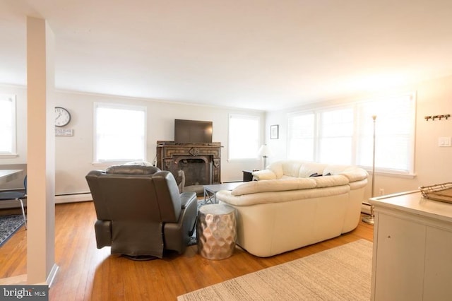 6 W 11th St, Barnegat Light, NJ 08006 - living area with light wood-type flooring, a fireplace, a baseboard heating unit, and baseboard heating