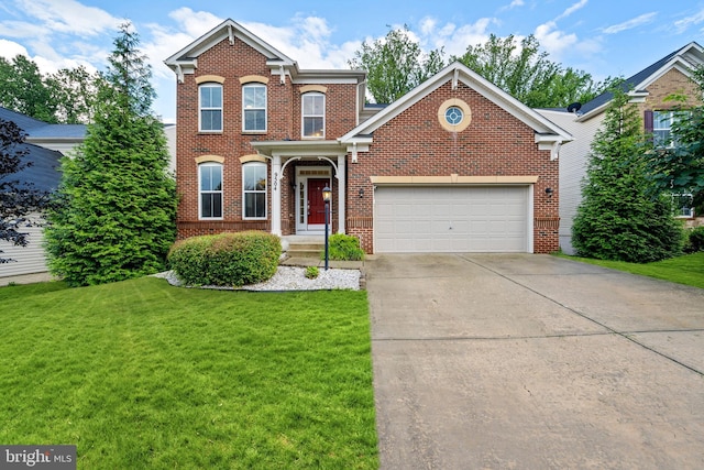 9504 Copper Creek Ct, Upper Marlboro, MD 20772 - view of front of property featuring brick siding, concrete driveway, an attached garage, and a front yard