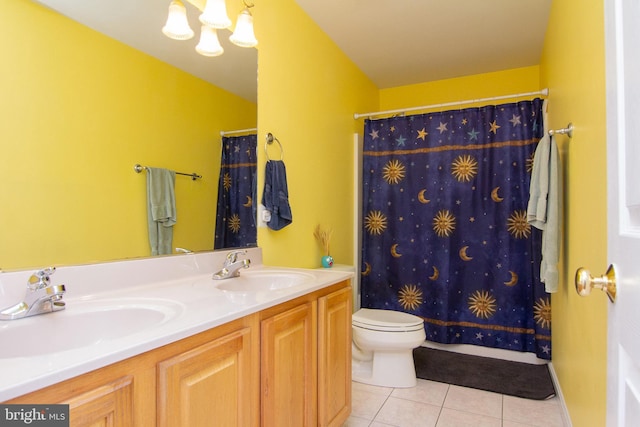 5997 Florey Rd, Hanover, MD 21076 - bathroom with tile patterned flooring, double vanity, a chandelier, and a shower with curtain