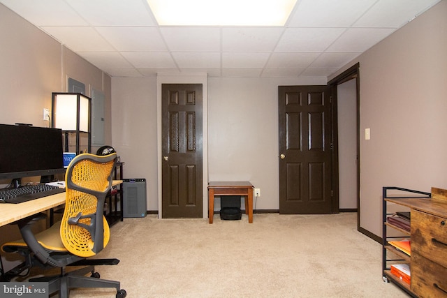 5997 Florey Rd, Hanover, MD 21076 - home office featuring light colored carpet, a paneled ceiling, and electric panel