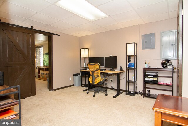 5997 Florey Rd, Hanover, MD 21076 - office area featuring electric panel, a drop ceiling, carpet floors, and a barn door