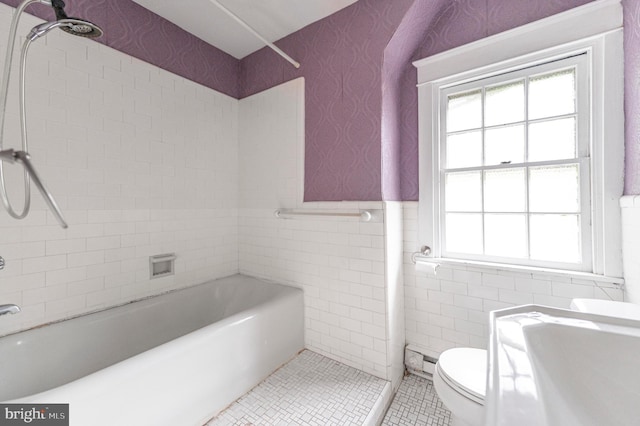 220 N Rolling Rd, Springfield, PA 19064 - bathroom with tile patterned flooring, tile walls, wainscoting, shower / bath combination, and baseboard heating