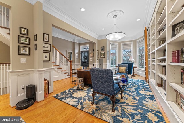 1530 15th St NW, Washington, DC 20005 - office area featuring light wood-style flooring, ornamental molding, recessed lighting, and wainscoting