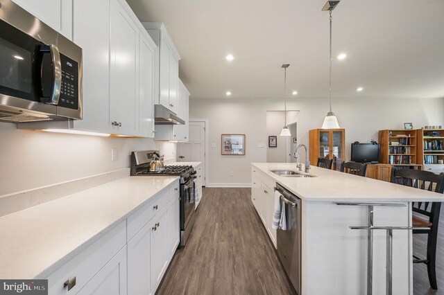 51 Old Forge Dr, Ocean View, DE 19970 - kitchen with stainless steel appliances, under cabinet range hood, a kitchen bar, dark wood finished floors, and light countertops