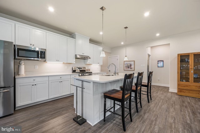 51 Old Forge Dr, Ocean View, DE 19970 - kitchen featuring appliances with stainless steel finishes, under cabinet range hood, dark wood-style floors, a center island with sink, and recessed lighting