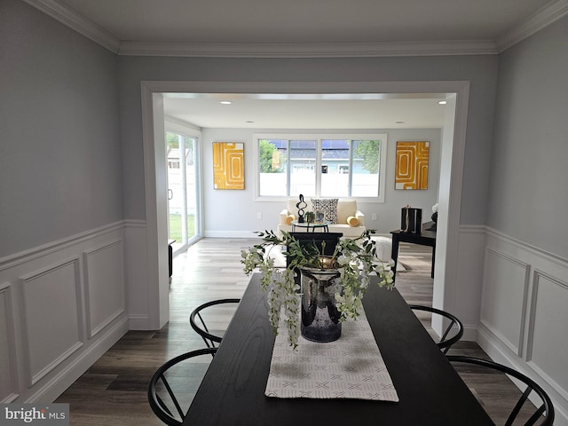 49 Gaylord Cir, Willingboro, NJ 08046 - dining room with plenty of natural light, a wainscoted wall, a decorative wall, wood finished floors, and ornamental molding