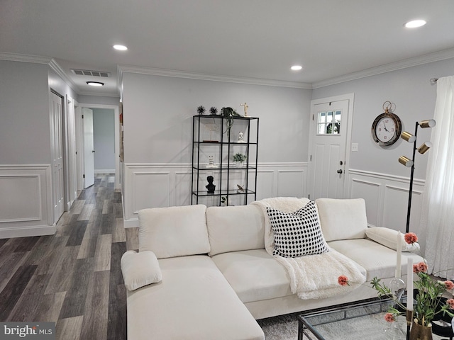 49 Gaylord Cir, Willingboro, NJ 08046 - living area featuring dark wood finished floors, a decorative wall, recessed lighting, and a wainscoted wall