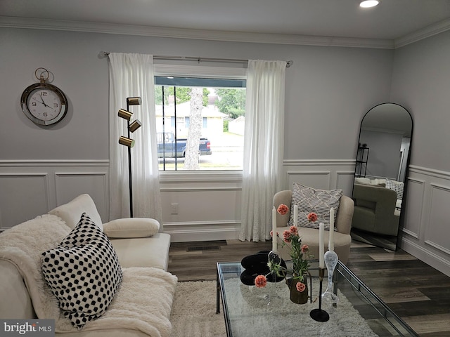 49 Gaylord Cir, Willingboro, NJ 08046 - living room featuring a decorative wall, dark wood finished floors, crown molding, recessed lighting, and wainscoting