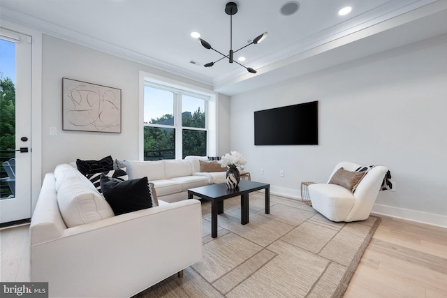 1117 Morse St NE Unit 3, Washington, DC 20002 - living room with ornamental molding, a chandelier, healthy amount of natural light, light wood-style floors, and recessed lighting
