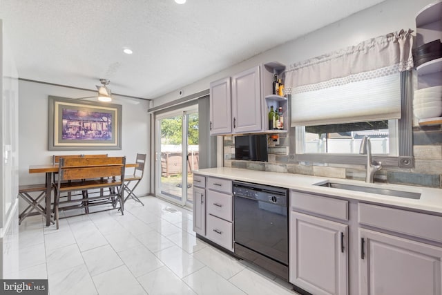 31 Gallaway Ln, Willingboro, NJ 08046 - kitchen with dishwasher, light countertops, a textured ceiling, open shelves, and recessed lighting