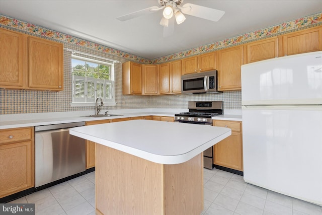 2408 Carriage Ln, Royersford, PA 19468 - kitchen featuring stainless steel appliances, light countertops, light tile patterned flooring, and ceiling fan