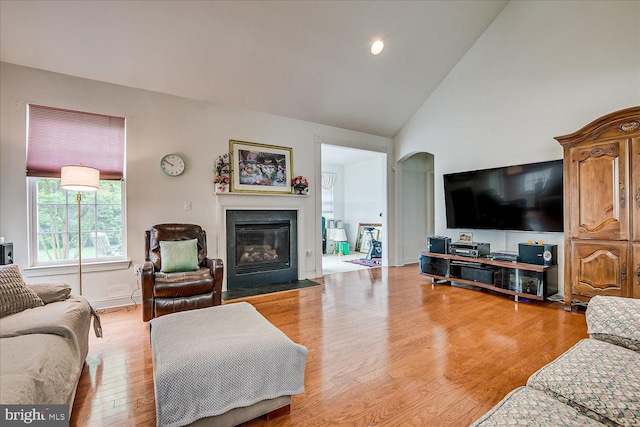 16 Monte Carlo Dr, Hamilton, NJ 08691 - living room featuring arched walkways, light wood finished floors, a fireplace with flush hearth, and high vaulted ceiling