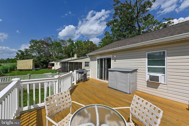 1731 Columbia Beach Rd, Shady Side, MD 20764 - deck featuring cooling unit, area for grilling, a sunroom, and outdoor dining space