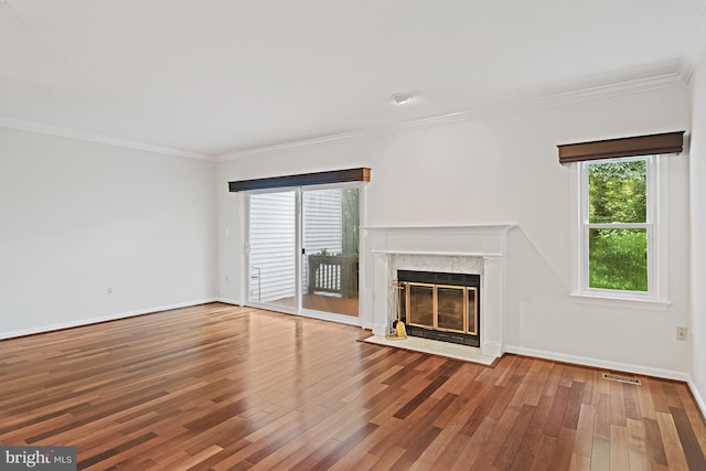 9405 Odyssey Ct, Burke, VA 22015 - unfurnished living room with a fireplace, wood finished floors, and crown molding