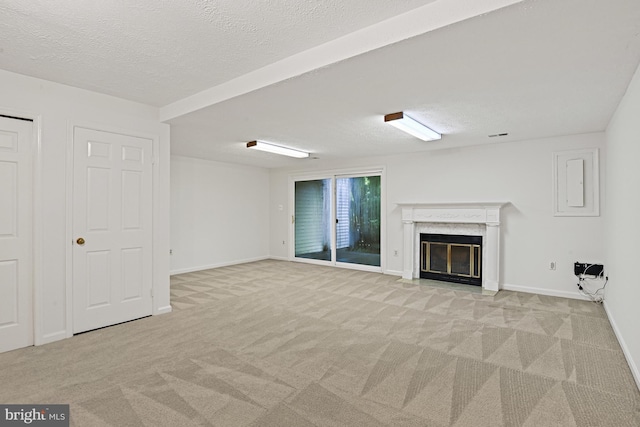 9405 Odyssey Ct, Burke, VA 22015 - unfurnished living room featuring light colored carpet, a high end fireplace, and a textured ceiling