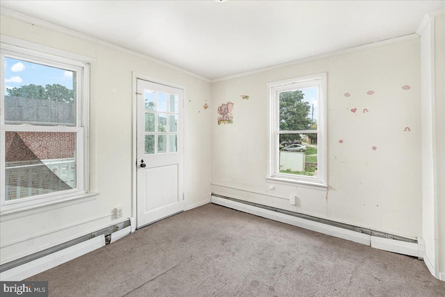 607 Salem Ave, Hagerstown, MD 21740 - doorway to outside with baseboard heating, carpet floors, and ornamental molding