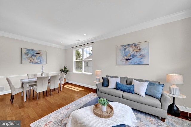 32 Brewster Ct, Pennington, NJ 08534 - living room with wood finished floors, ornamental molding, and recessed lighting