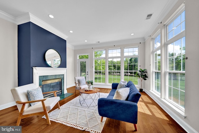 32 Brewster Ct, Pennington, NJ 08534 - living room featuring wood finished floors, crown molding, a premium fireplace, and recessed lighting