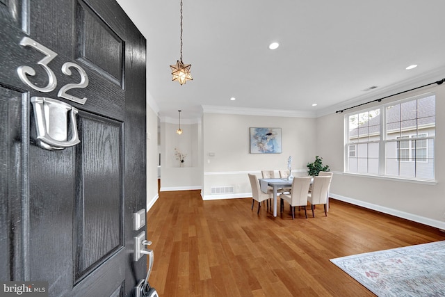 32 Brewster Ct, Pennington, NJ 08534 - foyer entrance with crown molding, wood finished floors, and recessed lighting