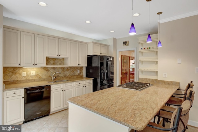 8162 Madrillon Ct, Vienna, VA 22182 - kitchen with open shelves, black appliances, a peninsula, decorative backsplash, and recessed lighting