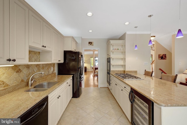 8162 Madrillon Ct, Vienna, VA 22182 - kitchen with open shelves, black appliances, wine cooler, tasteful backsplash, and recessed lighting