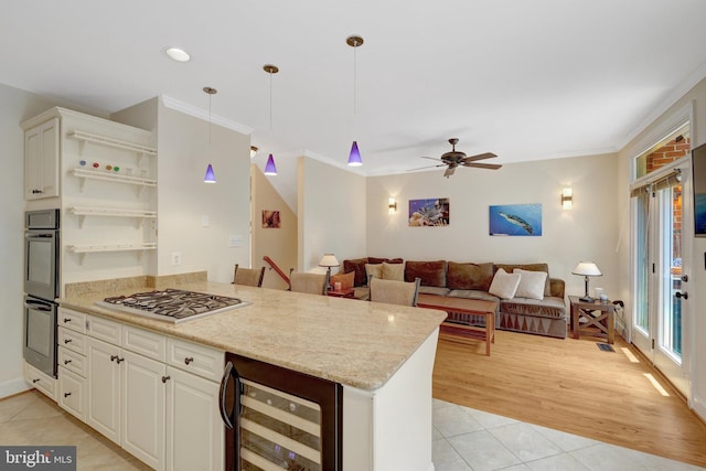 8162 Madrillon Ct, Vienna, VA 22182 - kitchen with beverage cooler, gas cooktop, double oven, open shelves, and light tile patterned floors